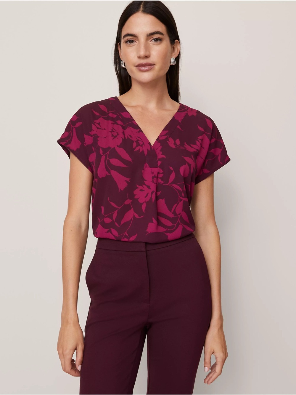 Ann Taylor Burgundy and Magenta Floral V-Neck Blouse